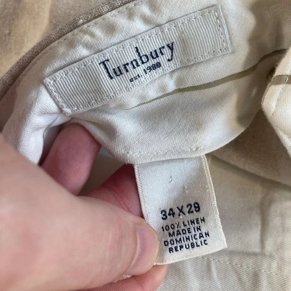 Turnbury Mens Pants 34x29 (Fit 33x27) 100% Linen Cream Pleated Dress Straight